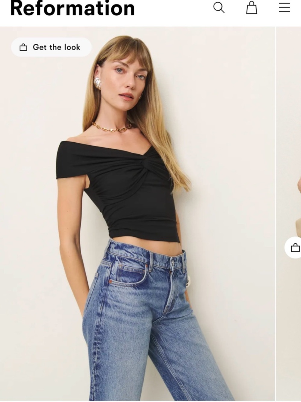 Reformation Black Off-Shoulder Twist Crop Top